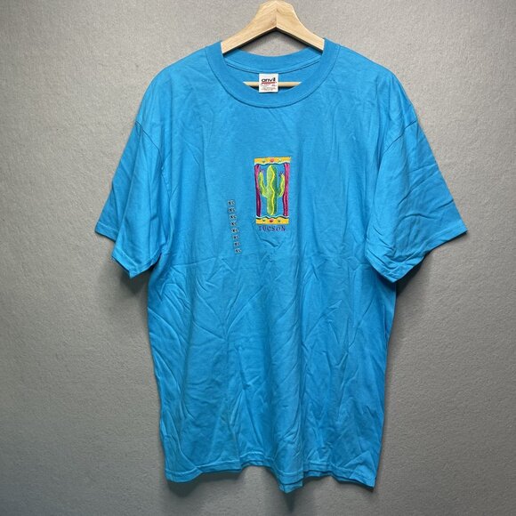Vintage Anvil Tucson Cactus Graphic T-Shirt XL Blue 100% Cotton Casual Crewneck - Picture 1 of 5